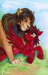 Size: 565x872 | Tagged: safe, artist:imanika, oc, oc only, oc x oc, big cat, equine, feline, fictional species, lion, mammal, pegasus, pony, feral, disney, friendship is magic, hasbro, my little pony, the lion king, 2014, amber eyes, crossover, crossover shipping, cuddling, feathered wings, feathers, female, green eyes, hug, interspecies, male, male/female, mare, shipping, smiling, spread wings, traditional art, wings