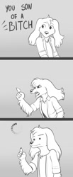 Size: 412x1000 | Tagged: safe, artist:freckles, oc, oc only, oc:pecas (freckles), canine, dog, mammal, anthro, 2018, angry, can't argue with that, claws, clothes, comic, dialogue, dot eyes, floppy ears, grayscale, head fluff, literal, loading icon, male, monochrome, offscreen character, open mouth, pun, sharp teeth, shirt, solo, solo male, speechless, swearing, talking, teeth, topwear, vulgar