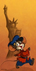 Size: 651x1280 | Tagged: safe, artist:dutch, fievel mousekewitz (an american tail), mammal, mouse, rodent, anthro, an american tail, sullivan bluth studios, universal pictures, 2d, blushing, brown body, brown fur, clothes, front view, fur, hat, male, murine, solo, solo male, statue of liberty, sweater, three-quarter view, topwear, young
