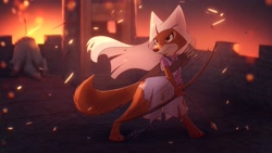 Size: 3840x2160 | Tagged: source needed, useless source url, safe, artist:pointedfox, maid marian (robin hood), canine, fox, mammal, anthro, digitigrade anthro, disney, robin hood (disney), 16:9, 2021, angry, arrow, badass, bow (weapon), castle, clothes, corpse, death, digital art, dress, featured image, female, fire, high res, outdoors, solo, solo female, torn clothes, vixen, weapon