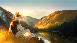 Size: 1200x671 | Tagged: safe, artist:reilukah, oc, oc only, canine, mammal, anthro, lake, landscape, male, mountain, scenery, sky, solo, solo male, water