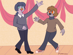 Size: 1024x768 | Tagged: safe, artist:pigeorgien, oc, oc only, oc:georgia livian, oc:paula woods, bird, dove, pigeon, anthro, background, boots, bottomwear, brown hair, clothes, columbidae, dancing, dark hair, duo, duo female, feathers, female, friends, gray feathers, hair, happy, orange eyes, pants, ribbon, shirt, shoes, smiling, sneakers, sweater, teal eyes, topwear, wood pigeon