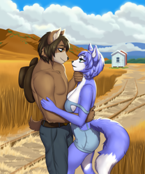 Size: 1959x2349 | Tagged: safe, artist:pipyaka, krystal (star fox), canon x oc, oc, canine, fox, mammal, anthro, nintendo, star fox, 2019, blue body, blue fur, blue hair, breasts, brown body, brown fur, brown hair, cheek fluff, chest fluff, cleavage, clothes, cloud, commission, couple, cowboy hat, dipstick tail, duo, ear fluff, eye contact, female, fluff, fur, hair, hand on back, hand on chin, hat, high res, hill, jeans, looking at each other, male, male/female, outdoors, overalls, pants, partial nudity, shipping, short hair, short tail, side view, sky, tail, tail fluff, topless, vixen, white body, white fur
