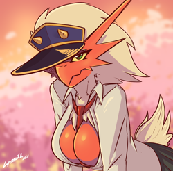 Size: 1400x1380 | Tagged: suggestive, alternate version, artist:lyorenth-the-dragon, oc, oc only, oc:hanako (lyorenth-the-dragon), bird, blaziken, fictional species, anthro, nintendo, pokémon, 2021, absolute cleavage, bancho, big breasts, blurred background, bottomwear, breasts, cherry blossoms, cleavage, clothes, colored sclera, detailed background, eyelashes, female, fluff, glistening, glistening body, green eyes, hair, hat, looking at you, muscles, muscular female, neck fluff, necktie, red body, short tail, signature, skirt, solo, solo female, starter pokémon, tail, white hair, white tail, yellow sclera