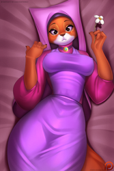 Size: 1300x1950 | Tagged: safe, artist:doomxwolf, maid marian (robin hood), canine, fox, mammal, red fox, anthro, disney, robin hood (disney), 2017, bed, blushing, breasts, clothes, dress, eyebrows, eyelashes, female, flower, fur, headdress, jewelry, looking at you, looking back, looking back at you, lying on bed, multicolored fur, necklace, nipple outline, on bed, orange body, orange fur, plant, solo, solo female, thick thighs, thighs, two toned body, two toned fur, vixen, white body, white fur, wide hips