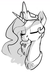 Size: 901x1300 | Tagged: safe, artist:dimfann, princess celestia (mlp), alicorn, equine, fictional species, mammal, pony, feral, friendship is magic, hasbro, my little pony, 2021, black and white, bust, crown, cute, eyes closed, female, food, grayscale, holding, horn, jewelry, mare, monochrome, mouth hold, peytral, pizza, regalia, simple background, slice of pizza, smiling, solo, solo female, white background