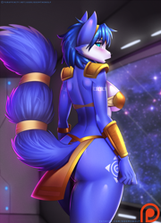 Size: 1150x1600 | Tagged: safe, artist:doomxwolf, krystal (star fox), canine, fox, mammal, anthro, nintendo, star fox, 2017, big breasts, big butt, big tail, blue body, blue fur, blue hair, body markings, breasts, butt, clothes, cyan eyes, dipstick tail, ears, eyebrow through hair, eyebrows, eyelashes, female, fur, hair, hair accessory, hairband, loincloth, looking at you, looking back, looking back at you, multicolored fur, solo, solo female, space, spaceship, tail, tail band, tattoo, thick thighs, thighs, tribal, tribal markings, two toned body, two toned fur, unconvincing armor, vehicle, vixen, white body, white fur, wide hips