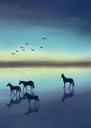 Size: 1191x1668 | Tagged: safe, artist:pipopapotan, equine, horse, mammal, feral, ambient bird, ambient wildlife, ambiguous gender, digital art, group, outdoors, reflection, scenery, scenery porn, side view, silhouette, tail, walking, water