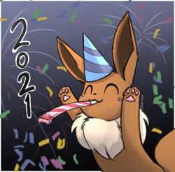 Size: 1014x996 | Tagged: safe, artist:otakuap, eevee, eeveelution, fictional species, mammal, feral, nintendo, pokémon, 2d, ambiguous gender, brown body, brown fur, cute, digital art, fireworks, fur, happy new year 2021, holiday, new year, new year 2021, party blower, party hat, paw pads, paws, solo, solo ambiguous, streamer, underpaw