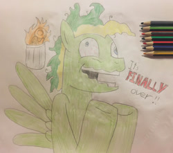 Size: 1280x1131 | Tagged: safe, artist:didgereethebrony, oc, oc only, oc:didgeree, equine, fictional species, mammal, pegasus, pony, feral, friendship is magic, hasbro, my little pony, crazy face, faic, green body, hair, male, multicolored hair, solo, solo male, stallion, traditional art, two toned hair