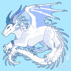 Size: 2048x2048 | Tagged: safe, artist:ookamimonster, dragon, fictional species, reptile, scaled dragon, western dragon, feral, wings of fire (book series), claws, crown, female, high res, horns, jewelry, queen snowfall (wings of fire), regalia, simple background, solo, solo female, spikes, watermark, webbed wings, white body, wings