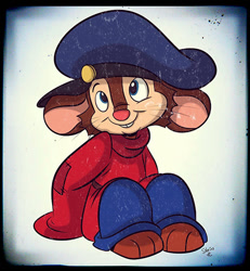 Size: 480x519 | Tagged: safe, artist:sibsy, fievel mousekewitz (an american tail), mammal, mouse, rodent, anthro, an american tail, sullivan bluth studios, universal pictures, 2d, blue eyes, bottomwear, brown body, brown fur, buckteeth, clothes, cute, front view, fur, hat, low res, male, pants, smiling, solo, solo male, sweater, teeth, three-quarter view, topwear, young