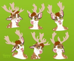 Size: 1280x1059 | Tagged: safe, artist:chibi-marrow, oc, oc only, oc:dallas (gingersnaps), cervid, deer, fallow deer, mammal, anthro, 2019, ahegao, antlers, blep, blushing, brown body, brown fur, brown hair, digital art, ear fluff, ear piercing, eyebrows, floppy ears, fluff, front view, fur, glasses, green background, green eyes, hair, happy, industrial piercing, looking at something, male, open mouth, piercing, pink nose, signature, simple background, smiling, solo, solo male, spotted fur, three-quarter view, tongue, tongue out, white body, white fur