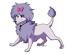 Size: 1021x758 | Tagged: safe, artist:thecynicalhound, cleo (clifford), canine, dog, mammal, poodle, feral, clifford the big red dog, pbs, bow, cute, eye through hair, female, front view, fur, hair, hair bow, looking at you, purple body, purple fur, simple background, smiling, smiling at you, solo, solo female, tail, three-quarter view, white background