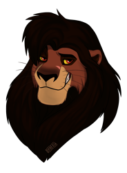 Size: 800x1088 | Tagged: safe, artist:dynexia, oc, oc only, oc:red (redlinelies), big cat, feline, lion, mammal, ambiguous form, 2021, brown body, brown fur, brown hair, bust, digital art, front view, fur, gritted teeth, hair, looking at you, male, portrait, red eyes, scar, signature, simple background, smiling, solo, solo male, teeth, three-quarter view, transparent background, whiskers, yellow eyes