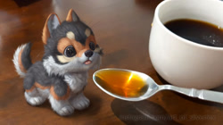 Size: 700x393 | Tagged: safe, artist:silverfox5213, part of a set, canine, mammal, wolf, feral, 2021, ambiguous gender, black nose, blep, coffee, cream body, cream fur, digital art, draw over, drink, front view, fur, gray body, gray fur, irl, micro, mug, offscreen character, orange body, orange fur, photo, solo, solo ambiguous, spoon, standing, tail, three-quarter view, tongue, tongue out, whiskers, white body, white fur