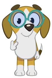 Size: 904x1350 | Tagged: safe, artist:plinko, honey (bluey), beagle, canine, dog, mammal, semi-anthro, bluey (series), 2d, brown body, brown fur, female, fur, glasses, looking at you, meganekko, puppy, round glasses, simple background, solo, solo female, transparent background, young