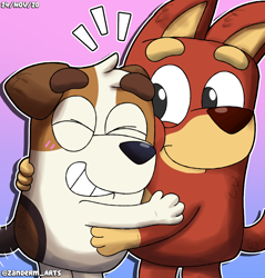 Size: 920x961 | Tagged: safe, artist:zanderm arts, jack russell (bluey), rusty (bluey), australian kelpie, canine, dog, jack russell terrier, mammal, semi-anthro, bluey (series), 2020, 2d, cute, duo, duo male, hug, male, males only, on model, puppy, young