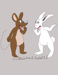 Size: 2550x3300 | Tagged: safe, artist:kurutheechidna, mouse (my friend rabbit), rabbit (my friend rabbit), lagomorph, mammal, mouse, rabbit, rodent, anthro, my friend rabbit, duo, duo male, gray background, high res, male, males only, open mouth, same height, simple background, tail, tongue