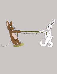 Size: 2550x3300 | Tagged: safe, artist:kurutheechidna, mouse (my friend rabbit), rabbit (my friend rabbit), lagomorph, mammal, mouse, rabbit, rodent, anthro, my friend rabbit, duo, duo male, gray background, high res, male, males only, one eye closed, playing, rope, same height, simple background, tail, tongue, tongue out, winking