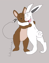 Size: 2550x3300 | Tagged: safe, artist:kurutheechidna, mouse (my friend rabbit), rabbit (my friend rabbit), lagomorph, mammal, mouse, rabbit, rodent, anthro, my friend rabbit, duo, duo male, gray body, high res, hug, male, males only, murine, same height, tail