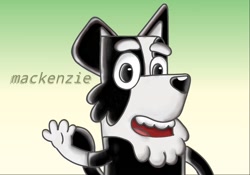 Size: 680x477 | Tagged: safe, artist:tamamajasper, mackenzie (bluey), border collie, canine, collie, dog, mammal, semi-anthro, bluey (series), 2020, front view, gradient background, looking at you, male, open mouth, pixiv, puppy, solo, solo male, three-quarter view, waving, young
