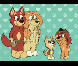Size: 1280x1091 | Tagged: safe, artist:queenawoo, indy (bluey), rusty (bluey), oc, afghan hound, australian kelpie, canine, dog, mammal, semi-anthro, bluey (series), brother, brother and sister, daughter, father, father and child, father and daughter, father and son, female, group, husband, husband and wife, letterboxing, male, male/female, mother, mother and child, mother and daughter, mother and father, mother and son, older, parents, puppy, siblings, sister, son, wife, young