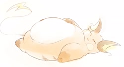 Size: 2492x1341 | Tagged: suggestive, artist:veiukket, fictional species, mammal, raichu, ambiguous form, nintendo, pokémon, ambiguous gender, digital art, eyes closed, fat, fat fetish, fur, hyper, hyper belly, lying down, multicolored fur, obese, on back, open mouth, simple background, sleeping, solo, solo ambiguous, white background