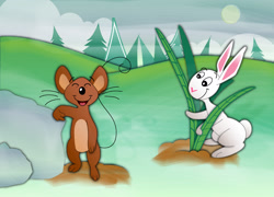 Size: 2488x1788 | Tagged: safe, artist:beachrain, mouse (my friend rabbit), rabbit (my friend rabbit), lagomorph, mammal, mouse, rabbit, rodent, anthro, my friend rabbit, duo, duo male, grass, male, males only, murine, playing, rock, same size, sun, tree