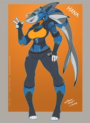 Size: 1173x1600 | Tagged: safe, artist:wmdiscovery93, oc, oc only, oc:hana (wmdiscovery93), fictional species, fish, robot, shark, anthro, digitigrade anthro, feral, 2021, abstract background, clothes, female, fingerless gloves, fins, fish tail, gesture, gloves, looking at you, not salmon, open mouth, peace sign, shark tail, smiling, smiling at you, solo, solo female, standing, tail, wat