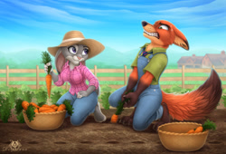 Size: 1200x817 | Tagged: safe, artist:dolphiana, judy hopps (zootopia), nick wilde (zootopia), canine, fox, lagomorph, mammal, rabbit, red fox, anthro, digitigrade anthro, disney, zootopia, 2021, basket, big tail, bottomwear, breasts, brown body, brown fur, building, carrot, cheek fluff, chest fluff, claws, clothes, cloud, cream body, cream fur, digital art, dipstick tail, duo, ear fluff, ears laid back, eyelashes, farm, female, fence, field, floppy ears, fluff, food, fur, gray body, gray fur, green eyes, gritted teeth, hand on hip, hat, house, jeans, kneeling, leaf, long ears, male, necktie, orange body, orange fur, outdoors, pants, paws, pink nose, pulling, purple eyes, scenery, shirt, short tail, signature, smiling, straining, sweat, sweatdrop, tail, tail fluff, teeth, topwear, vegetables