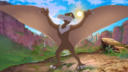 Size: 850x478 | Tagged: safe, artist:kitsune2000, sierra (the land before time), pterosaur, reptile, feral, sullivan bluth studios, the land before time, brown body, cearadactylus, eye scar, front view, male, scar, solo, solo male, sun, three-quarter view
