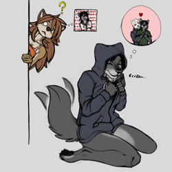 Size: 1000x1000 | Tagged: suggestive, artist:slowfag, oc, oc:ashley baird, oc:luna, oc:seff blackmane, canine, dire wolf, mammal, wolf, anthro, digitigrade anthro, black hair, black outline, bottomless, brown body, brown fur, brown hair, camp pines, clothes, concerned, eeee, eyes closed, female, fur, gray body, gray fur, hair, hands, heart, hoodie, male, male/female, nudity, partial nudity, question mark, tail, tail wag, thought bubble, topwear, white body, white eyes, white fur, white hair
