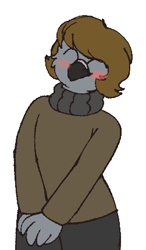 Size: 251x431 | Tagged: safe, artist:pigeorgien, furbooru exclusive, oc, oc only, oc:georgia livian, bird, dove, pigeon, anthro, beak, blushing, bottomwear, brown hair, clothes, cute, eyes closed, feathers, female, gray feathers, hair, low res, ocbetes, pants, solo, solo female, sweater, topwear