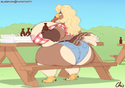Size: 1260x892 | Tagged: suggestive, artist:nekocrispy, part of a set, oc, oc only, oc:emma (integ), bird, bird of prey, falcon, anthro, areola, areola slip, beak, belt, big butt, blonde hair, bottle, bottomwear, breasts, brown body, brown feathers, butt, clothes, commission, cream body, eating, eye through hair, fat, feathers, female, food, hair, huge breasts, jean shorts, meat, multicolored body, obese, open mouth, picnic table, sausage, sequence, shirt, shorts, sitting, solo, solo female, table, tail, tight clothing, topwear, weight gain, yellow eyes