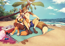 Size: 1500x1072 | Tagged: species needed, safe, artist:ailuranthropy, oc, oc only, oc:riko (kilometers), canine, fennec fox, fox, hybrid, mammal, red fox, anthro, 2021, bag, beach, beach towel, bottomwear, breasts, chest fluff, clothes, commission, cooler, digital art, duo, female, fluff, fur, ice, male, male/female, multicolored fur, ocean, open mouth, palm tree, scenery, shorts, sitting, sunscreen, topwear, towel, tree, vixen, water, whiskers, ych result