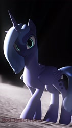 Size: 2160x3840 | Tagged: safe, artist:modmadclicker, princess luna (mlp), alicorn, equine, fictional species, mammal, pony, feral, friendship is magic, hasbro, my little pony, 2021, 3d, feathered wings, feathers, female, folded wings, high res, horn, looking at you, mare, moon, solo, solo female, source filmmaker, tail, wings