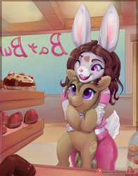 Size: 2200x2800 | Tagged: safe, artist:viwrastupr, oc, oc:dawnsong, oc:lindli, earth pony, equine, fictional species, lagomorph, mammal, pony, rabbit, anthro, feral, hasbro, my little pony, bakery, bottomwear, brown body, brown fur, brown hair, cake, clothes, female, females only, food, fur, hair, high res, holding, hug, lifting, muffin, open mouth, pants, pink eyes, purple eyes, red hair, shirt, smiling, spotted fur, topwear, white body, white fur
