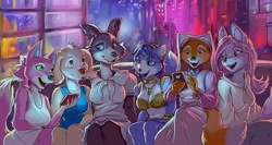 Size: 1300x691 | Tagged: safe, artist:sixthleafclover, freya (animal crossing), inui (aggretsuko), juno (beastars), krystal (star fox), maid marian (robin hood), nazuna hiwatashi (bna), borzoi, canine, dog, fox, mammal, wolf, anthro, aggretsuko, animal crossing, beastars, bna: brand new animal, disney, nintendo, robin hood (disney), sanrio, star fox, spoiler, spoiler:aggretsuko s3, 2020, blue eyes, breasts, cell phone, cheek fluff, cityscape, cleavage, clothes, crossover, detailed background, dipstick tail, dress, ear fluff, eyebrows, eyelashes, female, females only, fluff, fur, green eyes, group, hair, holding object, jewelry, long hair, looking at each other, necklace, open mouth, pendant, phone, red eyes, short hair, sitting, smartphone, tail, topwear, two toned body, vixen, yellow eyes