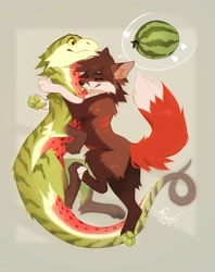 Size: 1707x2160 | Tagged: safe, artist:reysi, oc, oc only, oc:arbuz (quantum0), oc:watermelon (kolaa), canine, dragon, fictional species, fox, furred dragon, mammal, feral, 2020, 2d, agender, ambiguous gender, brown body, brown fur, brown hair, butt fluff, colored tongue, cute, digital art, dipstick tail, duo, duo ambiguous, eyes closed, featured image, fluff, food, fruit, fur, green body, green fur, green tongue, hair, heart, hug, licking, licking fur, long tail, male, multicolored fur, ocbetes, paw pads, paws, red body, red fur, side view, signature, size difference, smiling, speech bubble, striped fur, tail, tongue, tongue out, underpaw, watermelon, white body, white fur