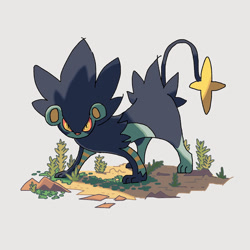 Size: 800x800 | Tagged: safe, artist:savot, fictional species, luxray, mammal, feral, nintendo, pokémon, 2020, ambiguous gender, colored sclera, looking at you, plant, red sclera, rock, solo, solo ambiguous, tail, yellow eyes