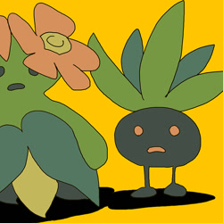 Size: 800x800 | Tagged: safe, artist:savot, animate plant, bellossom, fictional species, oddish, feral, nintendo, pokémon, 2018, ambiguous gender, duo, duo ambiguous, flower, looking at you, simple background, yellow background
