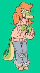 Size: 2224x4050 | Tagged: safe, artist:lenyavoksarts, oc, oc only, oc:allie gator, alligator, crocodilian, reptile, anthro, plantigrade anthro, clothes, countershading, female, green background, green scales, hair, jeans, orange hair, pants, scales, shoes, simple background, smiling, solo, solo female, sweater, tan scales, topwear