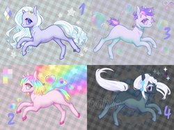 Size: 2132x1600 | Tagged: safe, artist:bismark, oc, oc only, equine, fictional species, mammal, pony, unicorn, feral, hasbro, my little pony, abstract background, adoptable, ambiguous gender, blue eyes, bubble, cute, flower, gray eyes, hair, heart, hooves, horn, mane, purple eyes, rainbow, rose, simple background, solo, solo ambiguous, stars, tail, text, watermark