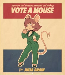 Size: 2406x2757 | Tagged: safe, artist:fox-popvli, julia (animaniacs), mammal, mouse, rodent, anthro, plantigrade anthro, animaniacs, abstract background, bottomwear, choker, clothes, coat, female, high heels, high res, pants, poster, shirt, shoes, solo, solo female, suit, text, topwear