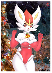 Size: 910x1273 | Tagged: safe, artist:shinn, cinderace, fictional species, mammal, anthro, nintendo, pokémon, 2019, bell, breasts, christmas, clothes, digital art, female, fur, gloves, holiday, long gloves, looking at you, one-piece swimsuit, open mouth, red nose, solo, solo female, starter pokémon, sweater, swimsuit, tail, thighs, tongue, topwear, wide hips