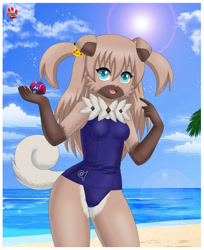 Size: 920x1126 | Tagged: safe, artist:shinn, fictional species, mammal, rockruff, anthro, nintendo, pokémon, 2019, beach, belly button, breasts, butt, clothes, cloud, digital art, female, front view, fur, hair, looking at you, ocean, one-piece swimsuit, open mouth, pink nose, poké ball, sand, sky, small breasts, solo, solo female, swimsuit, tail, thighs, tongue, underass, water, wide hips