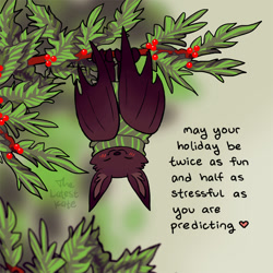 Size: 800x800 | Tagged: safe, artist:thelatestkate, bat, mammal, feral, 2020, 2d, :3, ambiguous gender, bat wings, blurred background, blushing, brown body, brown fur, christmas, cute, digital art, ear fluff, english text, eyes closed, featured image, fluff, folded wings, front view, fur, holiday, holly, leaf, signature, smiling, solo, solo ambiguous, upside down, webbed wings, wings