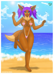 Size: 920x1265 | Tagged: suggestive, artist:shinn, eevee, eeveelution, fictional species, mammal, anthro, digitigrade anthro, nintendo, pokémon, 2016, beach, belly button, big breasts, bikini, black nose, blushing, breasts, clothes, cloud, digital art, ears, eyelashes, female, fluff, hair, looking at you, micro bikini, neck fluff, ocean, open mouth, sand, sky, sling bikini, solo, solo female, swimsuit, tail, thighs, tongue, water, wide hips