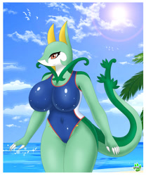 Size: 920x1105 | Tagged: safe, artist:shinn, fictional species, serperior, anthro, nintendo, pokémon, 2019, beach, belly button, big breasts, breasts, claws, clothes, cloud, digital art, ears, eyelashes, female, hair, looking at you, ocean, one-piece swimsuit, palm tree, sky, solo, solo female, starter pokémon, swimsuit, tail, thighs, tree, water, wide hips